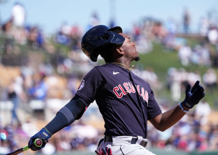 Mar 13, 2023; Phoenix, Arizona, USA; Cleveland Guardians second baseman Angel Martinez (79) bats against the Los Angeles Dodgers during the second inning at Camelback Ranch-Glendale. Mandatory Credit: Joe Camporeale-USA TODAY Sports